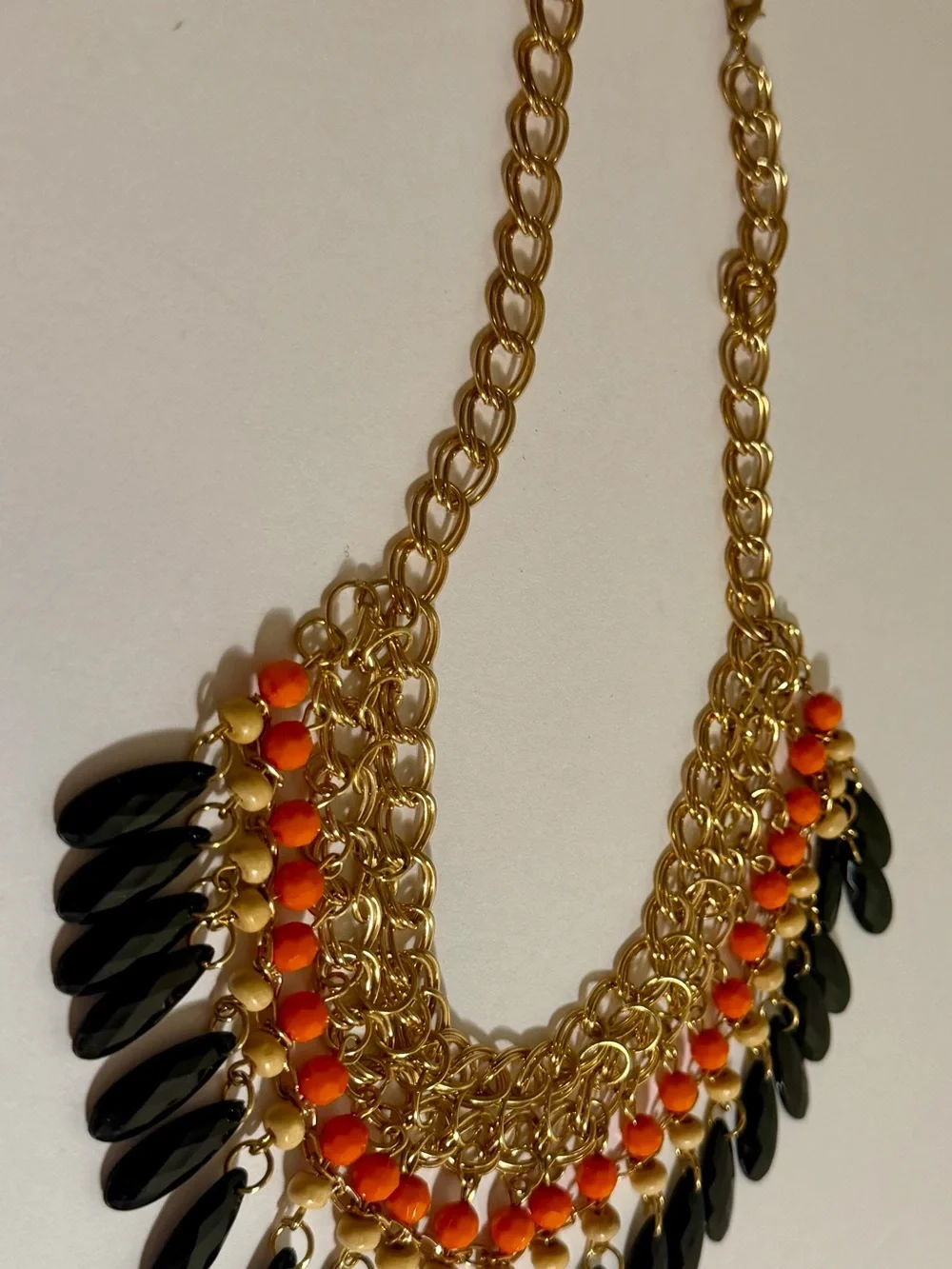 Gold Tone Black Teardrop Orange Beaded Layered Bib Statement Chunky Necklace VG